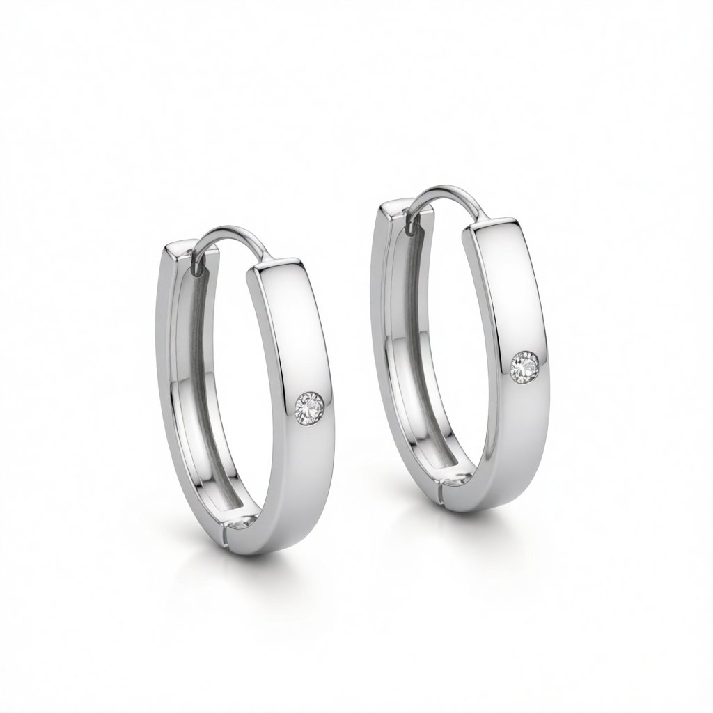 Cubic Zirconia and Silver-Plated Hoop Earrings, silver huggie earrings, botanical inspired, side view