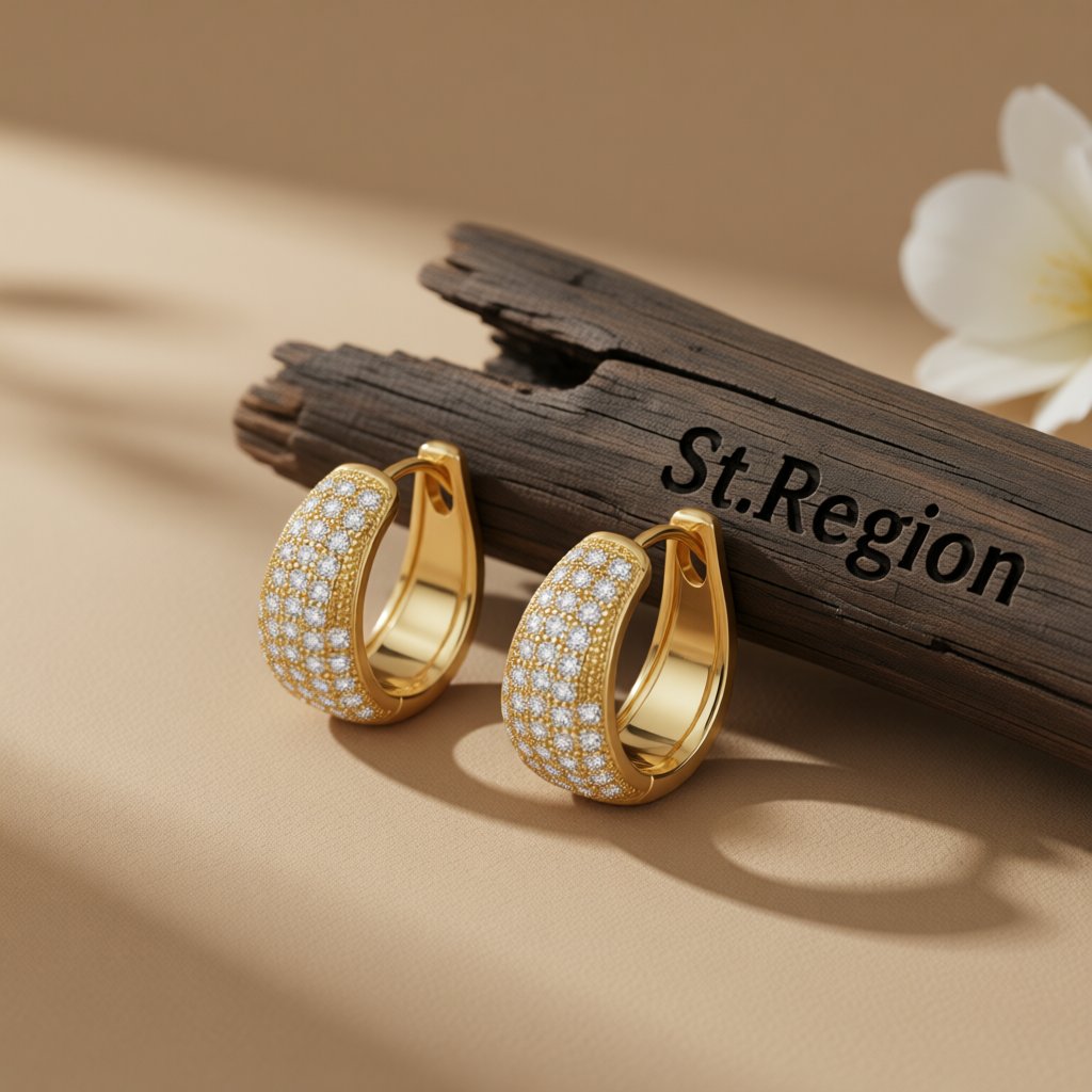 Cubic Zirconia and 18K Gold-Plated Pear Huggie Earrings, gold huggie earrings, vintage-inspired design, front view
