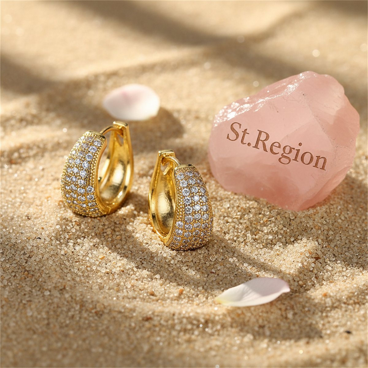 Cubic Zirconia and 18K Gold-Plated Pear Huggie Earrings, gold huggie earrings, vintage-inspired design, detail close-up
