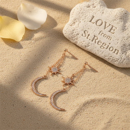 Cubic Zirconia and 18K Gold-Plated Hanging Moon Star Drop Earrings, gold drop earrings for women, lifestyle look