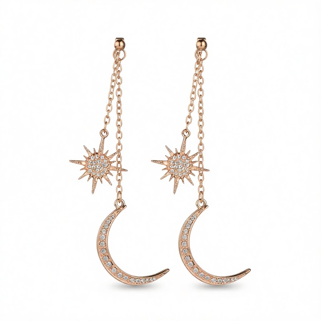 Cubic Zirconia and 18K Gold-Plated Hanging Moon Star Drop Earrings, gold drop earrings for women, side view