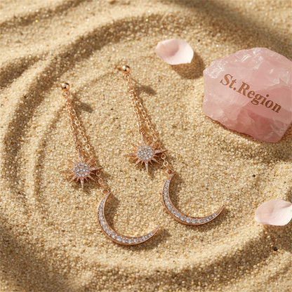 Cubic Zirconia and 18K Gold-Plated Hanging Moon Star Drop Earrings, gold drop earrings for women, detail close-up