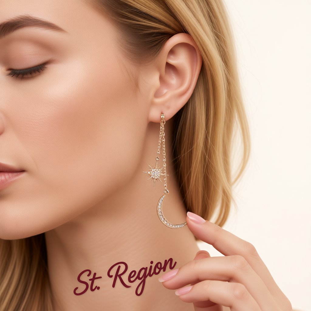 Cubic Zirconia and 18K Gold-Plated Hanging Moon Star Drop Earrings, gold drop earrings for women, styled look