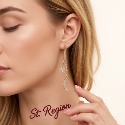 Cubic Zirconia and 18K Gold-Plated Hanging Moon Star Drop Earrings, gold drop earrings for women, styled look