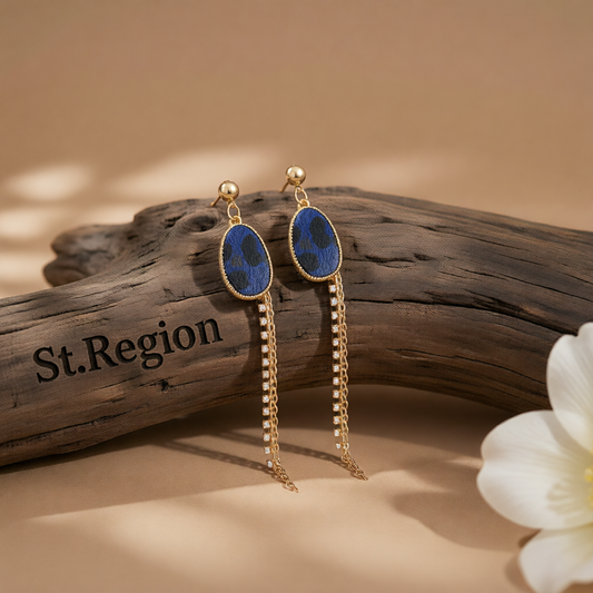 Cubic Zirconia & Blue Leopard Tassel Drop Earrings