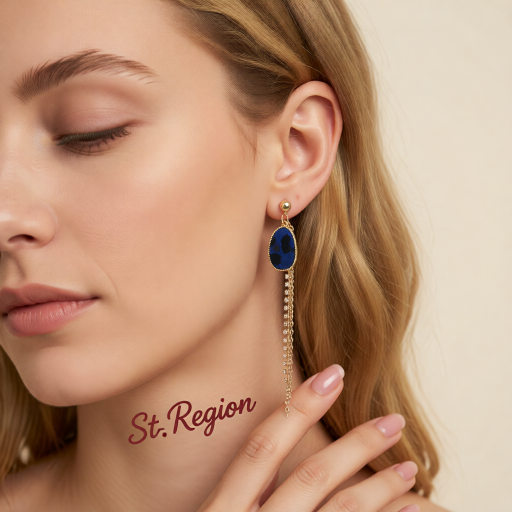 Cubic Zirconia & Blue Leopard Tassel Drop Earrings