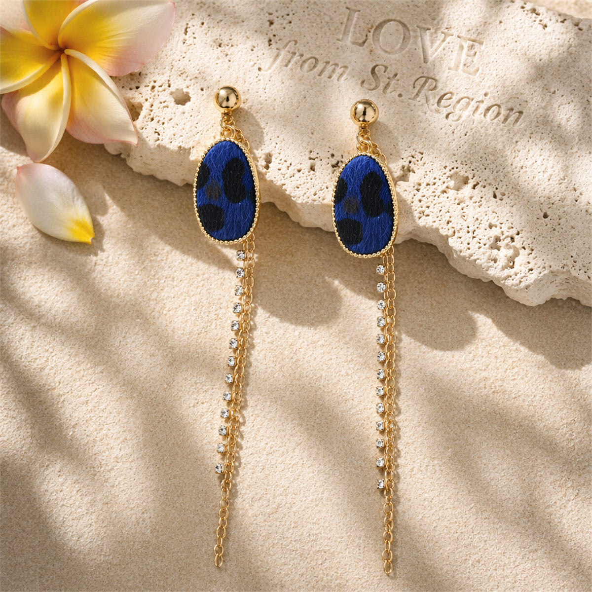 Cubic Zirconia & Blue Leopard Tassel Drop Earrings