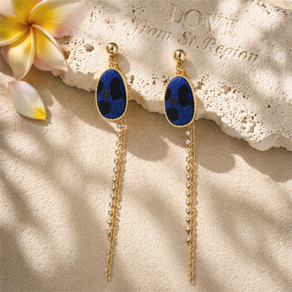 Cubic Zirconia & Blue Leopard Tassel Drop Earrings