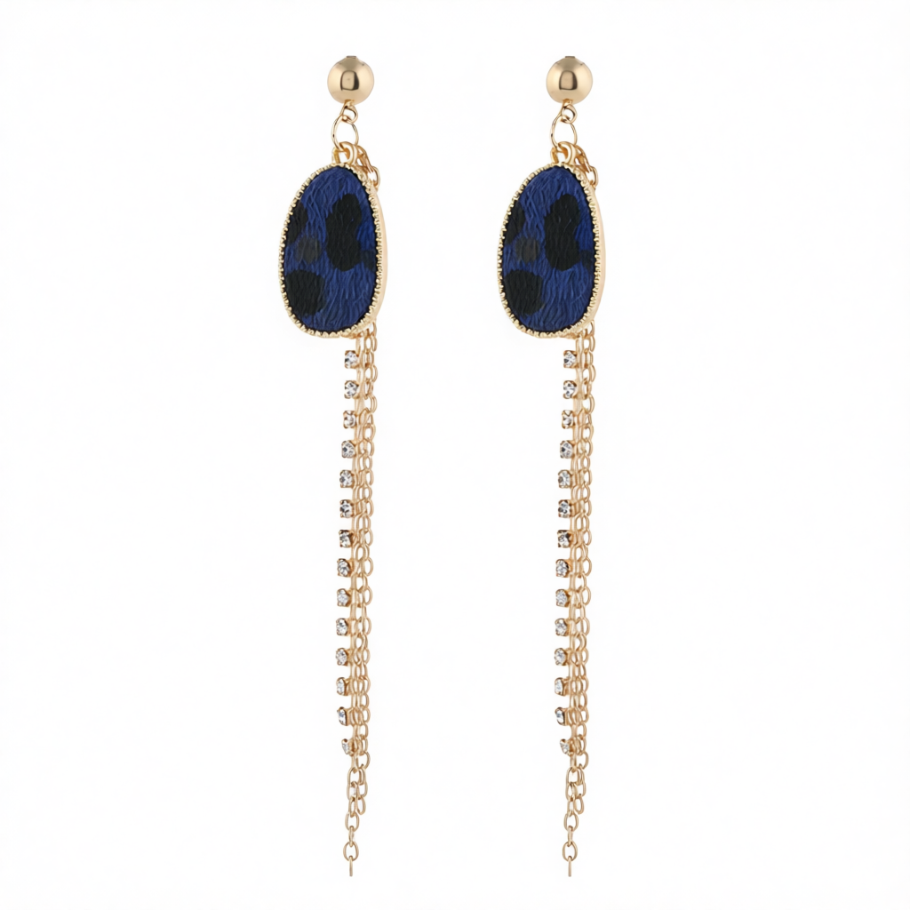 Cubic Zirconia & Blue Leopard Tassel Drop Earrings