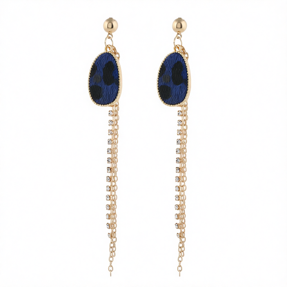 Cubic Zirconia & Blue Leopard Tassel Drop Earrings