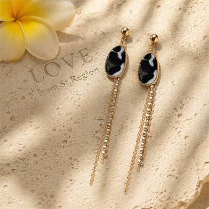 Cubic Zirconia & White Leopard Tassel Drop Earrings
