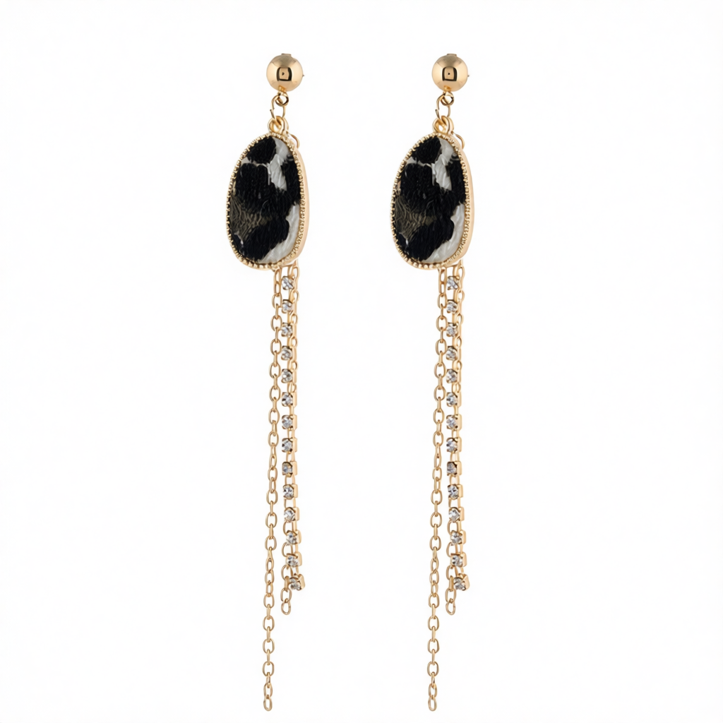 Cubic Zirconia & White Leopard Tassel Drop Earrings