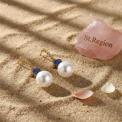 Pearl and Cubic Zirconia 18K Gold-Plated Beaded Drop Earrings, gold drop earrings for women, detail close-up