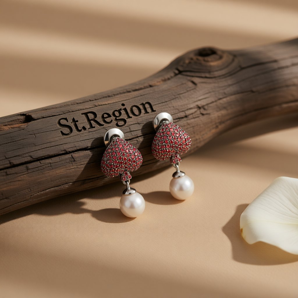 Red Cubic Zirconia and Pearl Inverted Heart Drop Earrings, drop earrings for women, everyday style, front view