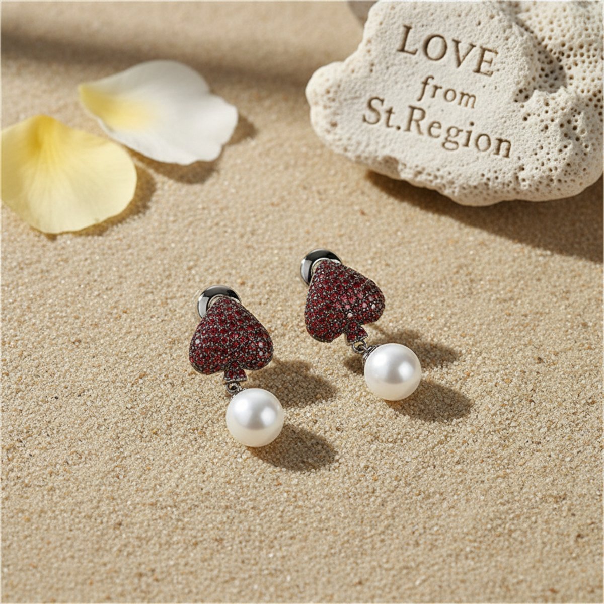 Red Cubic Zirconia and Pearl Inverted Heart Drop Earrings, drop earrings for women, everyday style, lifestyle look