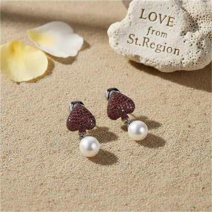 Red Cubic Zirconia and Pearl Inverted Heart Drop Earrings, drop earrings for women, everyday style, lifestyle look
