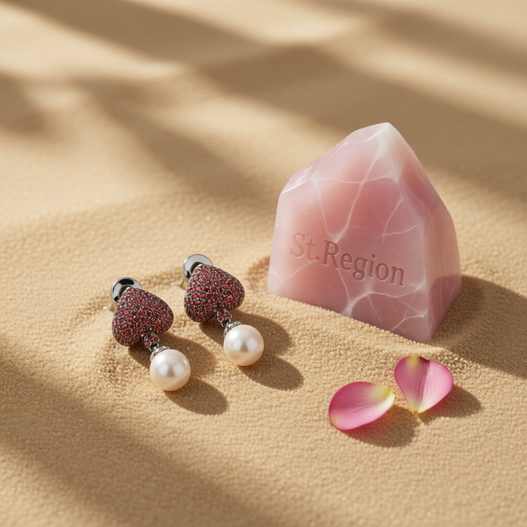 Red Cubic Zirconia and Pearl Inverted Heart Drop Earrings, drop earrings for women, everyday style, detail close-up