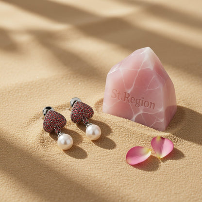 Red Cubic Zirconia and Pearl Inverted Heart Drop Earrings, drop earrings for women, everyday style, detail close-up