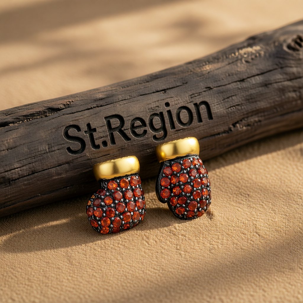 Red Cubic Zirconia and 18K Gold-Plated Mismatch Gloves Stud Earrings, cubic zirconia stud earrings for women, front view