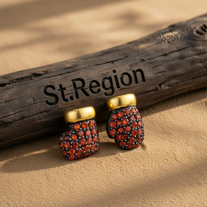 Red Cubic Zirconia and 18K Gold-Plated Mismatch Gloves Stud Earrings, cubic zirconia stud earrings for women, front view