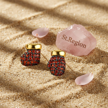 Red Cubic Zirconia and 18K Gold-Plated Mismatch Gloves Stud Earrings, cubic zirconia stud earrings for women, detail close-up