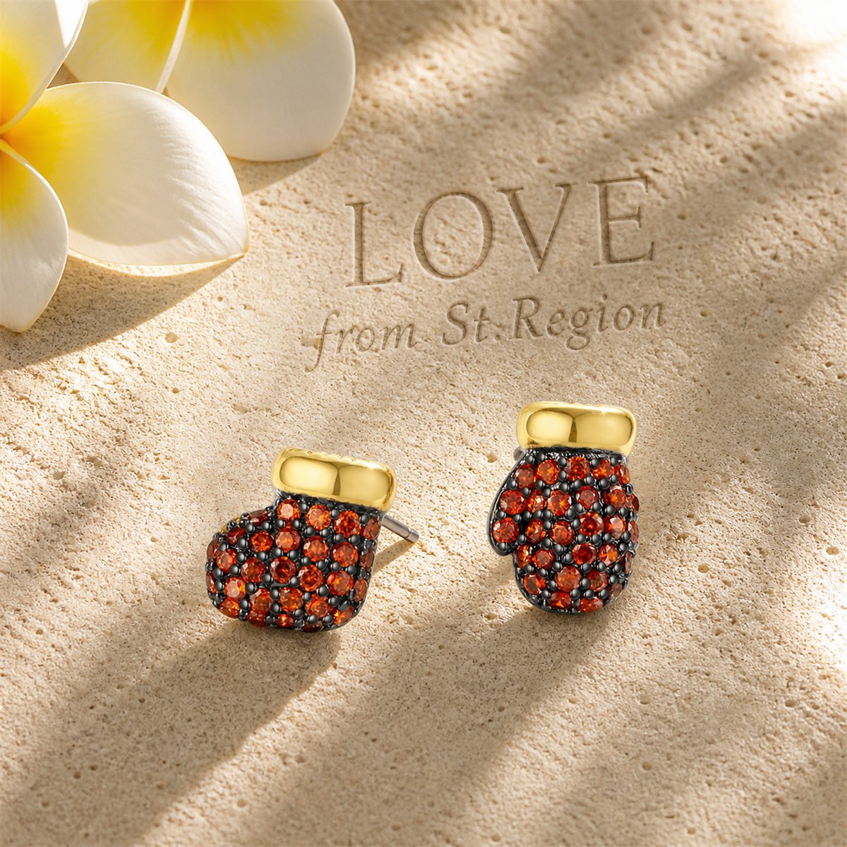 Red Cubic Zirconia and 18K Gold-Plated Mismatch Gloves Stud Earrings, cubic zirconia stud earrings for women, lifestyle look
