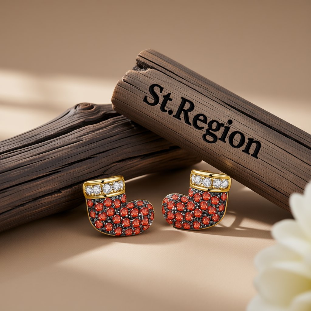 Red Cubic Zirconia and 18K Gold-Plated Stocking Stud Earrings, cubic zirconia stud earrings for women, front view