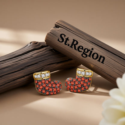 Red Cubic Zirconia and 18K Gold-Plated Stocking Stud Earrings, cubic zirconia stud earrings for women, front view