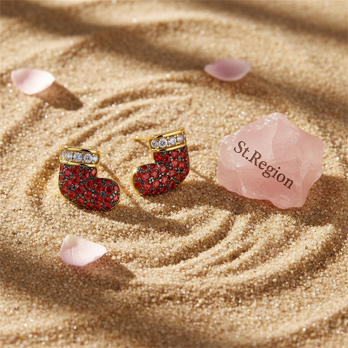 Red Cubic Zirconia and 18K Gold-Plated Stocking Stud Earrings, cubic zirconia stud earrings for women, detail close-up