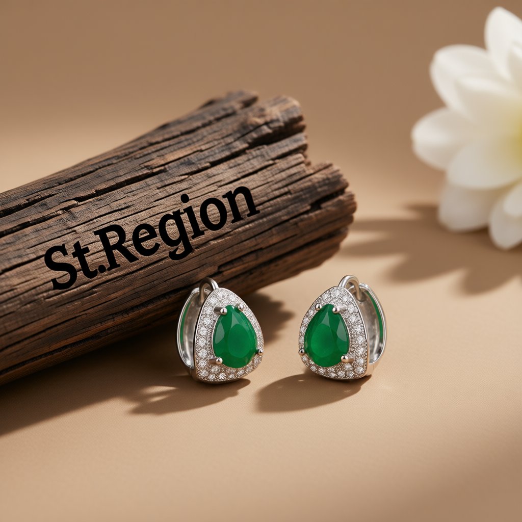 Green Crystal and Cubic Zirconia Pear-Cut Huggie Earrings, huggie earrings, vintage-inspired design, front view