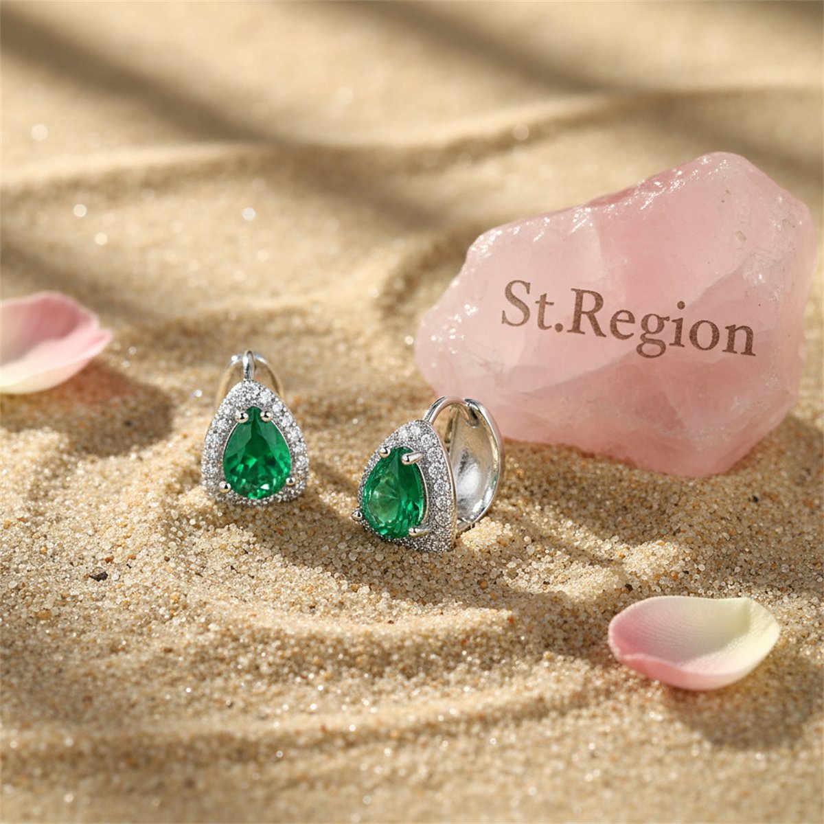 Green Crystal and Cubic Zirconia Pear-Cut Huggie Earrings, huggie earrings, vintage-inspired design, detail close-up