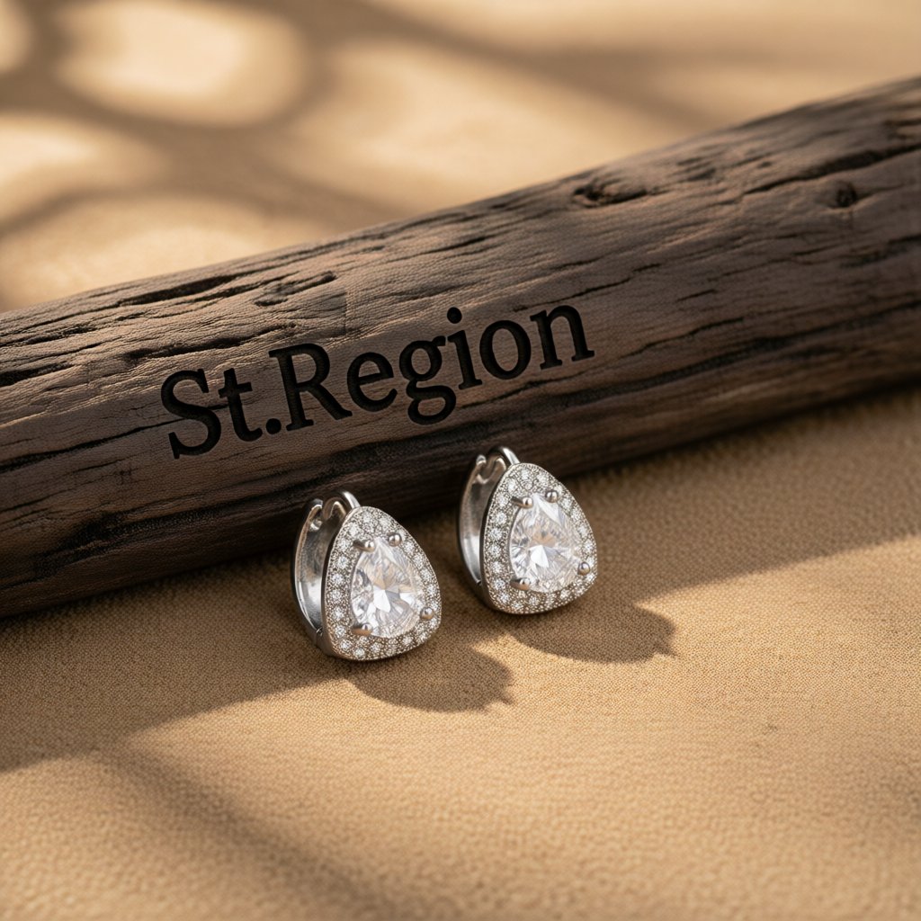 Crystal and Cubic Zirconia Pear-Cut Huggie Earrings, huggie earrings, botanical inspired, front view