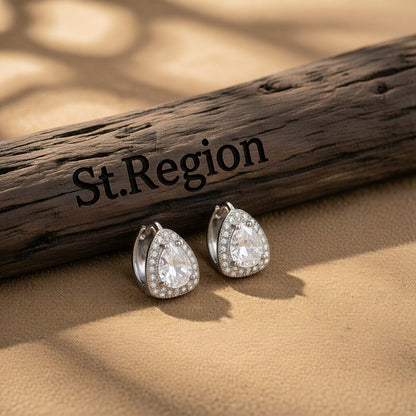 Crystal and Cubic Zirconia Pear-Cut Huggie Earrings, huggie earrings, botanical inspired, front view