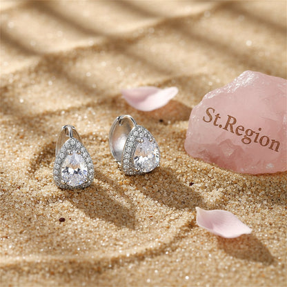Crystal and Cubic Zirconia Pear-Cut Huggie Earrings, huggie earrings, botanical inspired, detail close-up