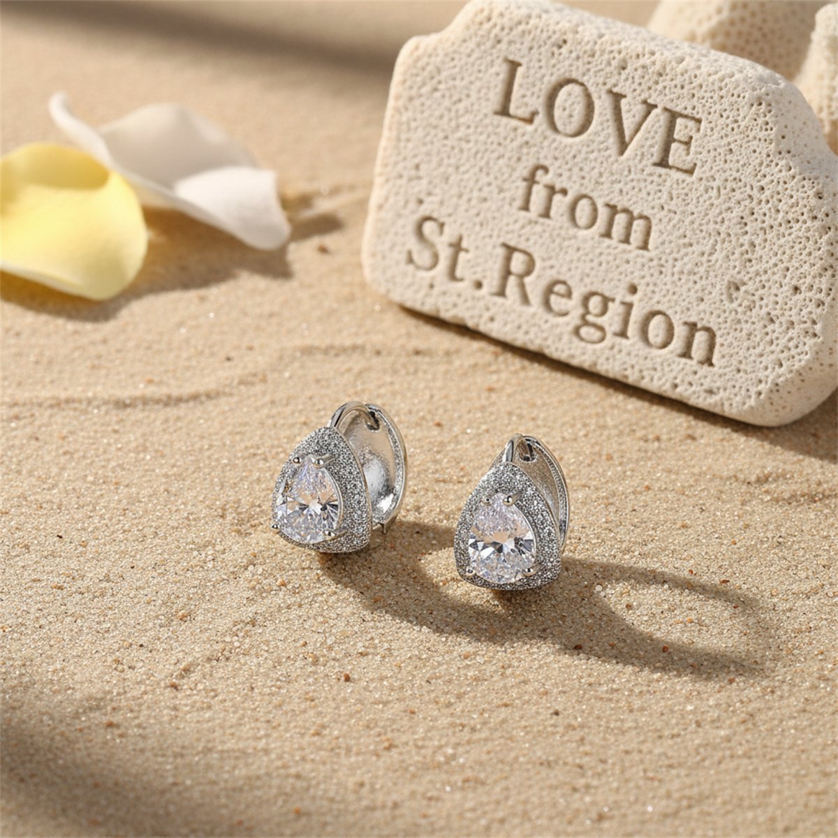 Crystal and Cubic Zirconia Pear-Cut Huggie Earrings, huggie earrings, botanical inspired, lifestyle look