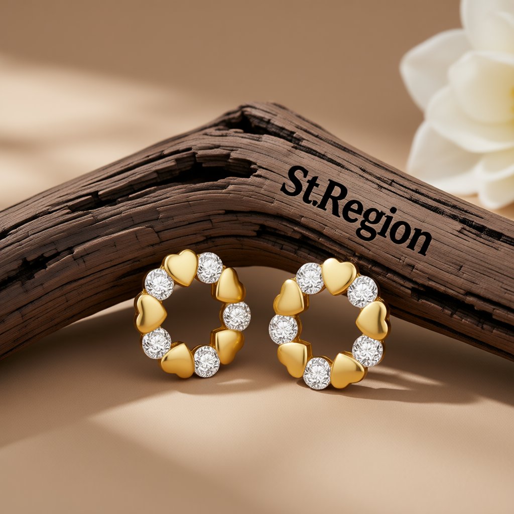 Cubic Zirconia and 18K Gold-Plated Heart Circle Stud Earrings, gold stud earrings for women, everyday style, front view