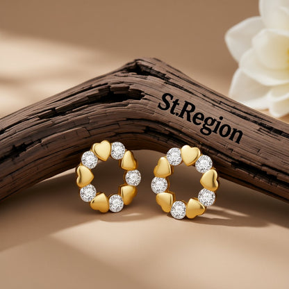 Cubic Zirconia and 18K Gold-Plated Heart Circle Stud Earrings, gold stud earrings for women, everyday style, front view
