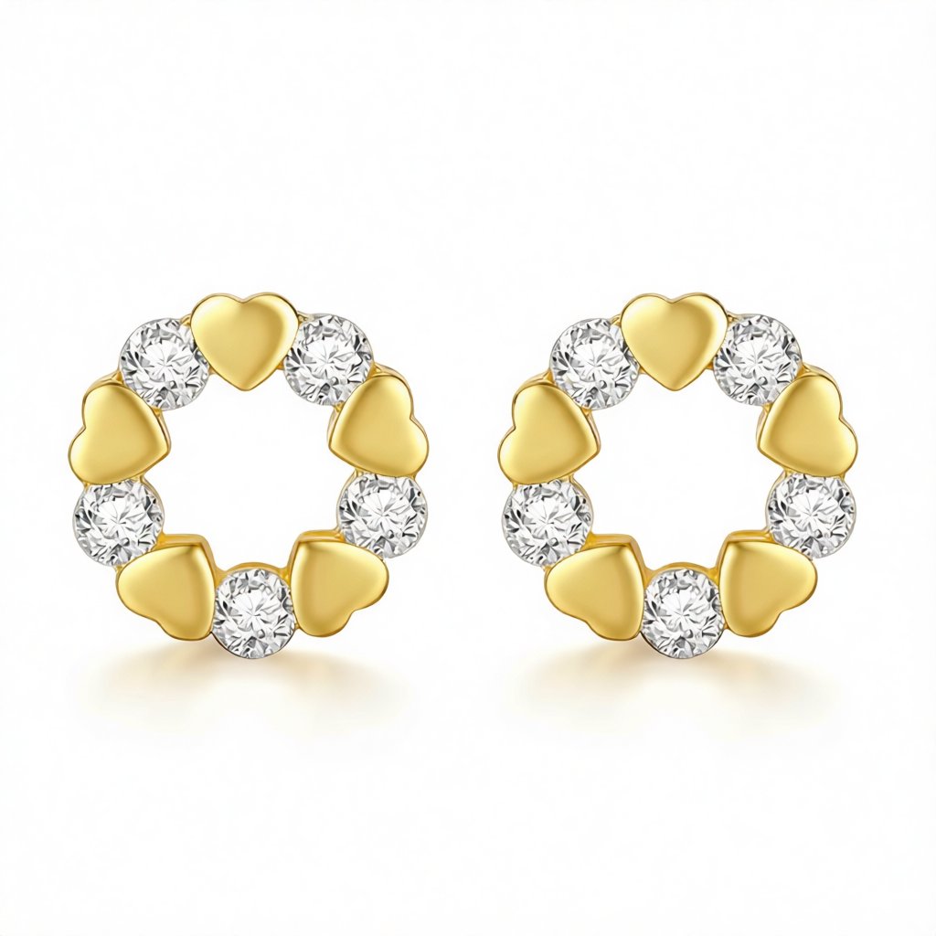 Cubic Zirconia and 18K Gold-Plated Heart Circle Stud Earrings, gold stud earrings for women, everyday style, side view