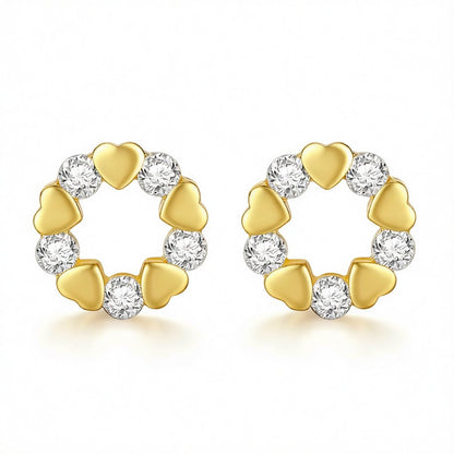 Cubic Zirconia and 18K Gold-Plated Heart Circle Stud Earrings, gold stud earrings for women, everyday style, side view
