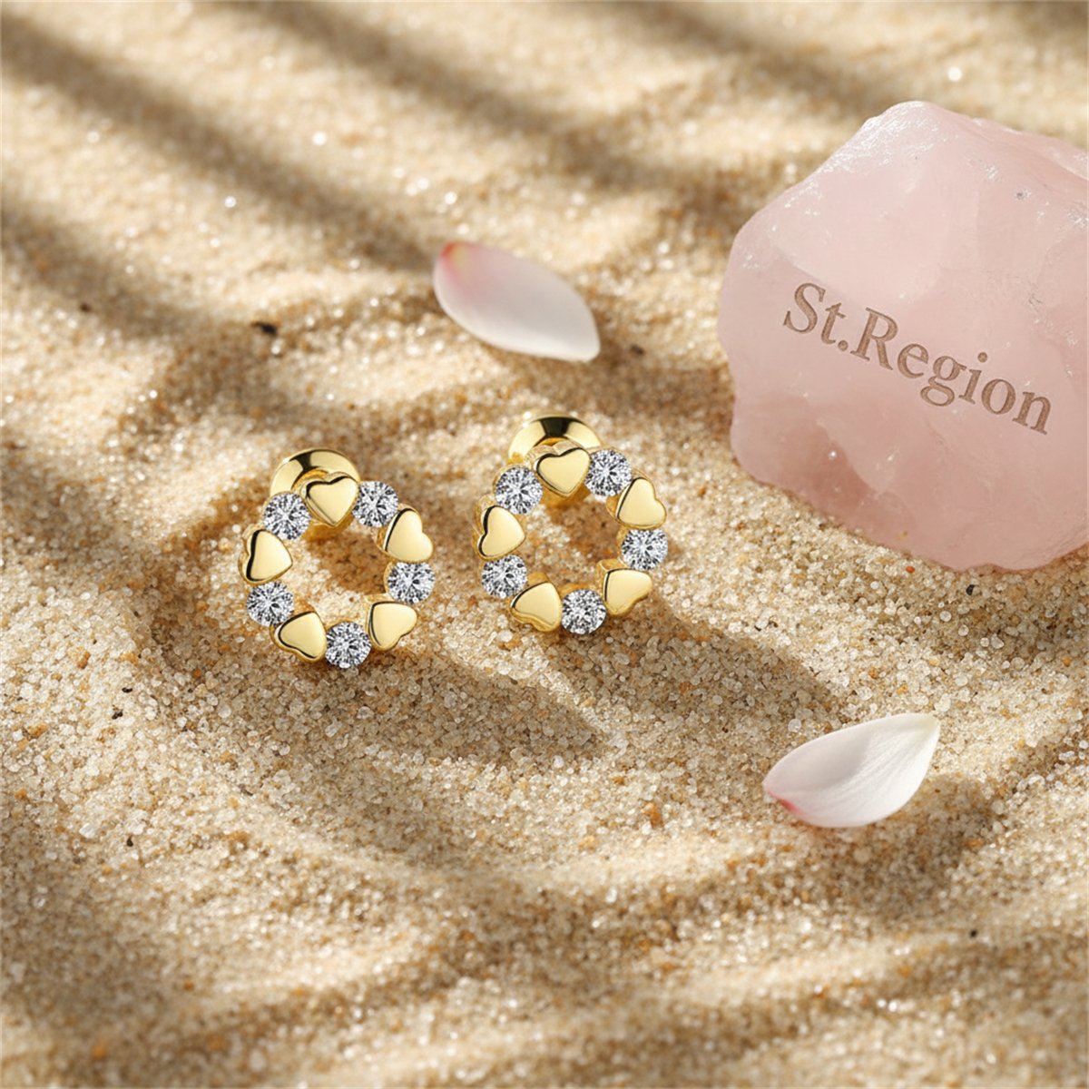 Cubic Zirconia and 18K Gold-Plated Heart Circle Stud Earrings, gold stud earrings for women, everyday style, detail close-up
