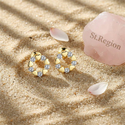 Cubic Zirconia and 18K Gold-Plated Heart Circle Stud Earrings, gold stud earrings for women, everyday style, detail close-up