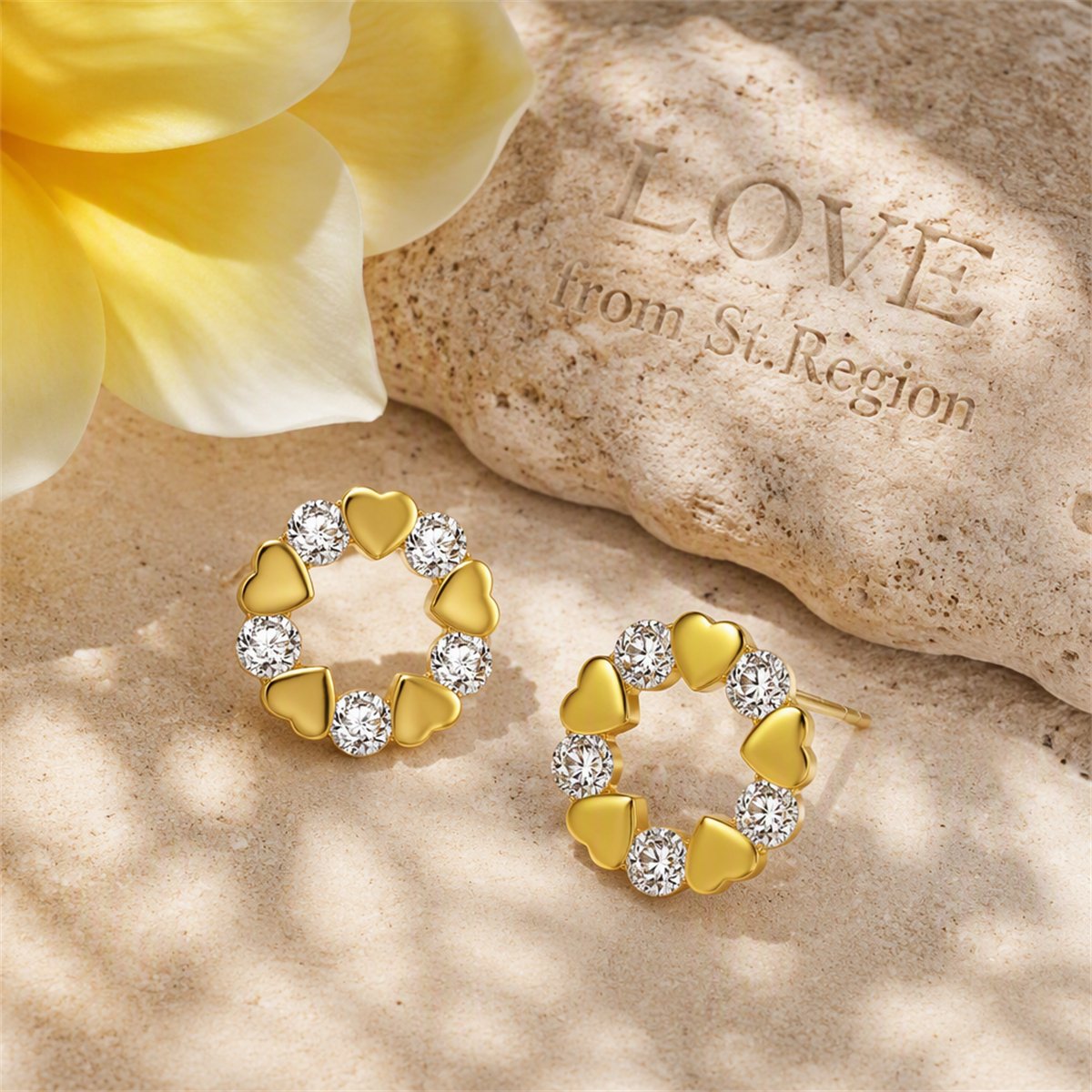 Cubic Zirconia and 18K Gold-Plated Heart Circle Stud Earrings, gold stud earrings for women, everyday style, lifestyle look