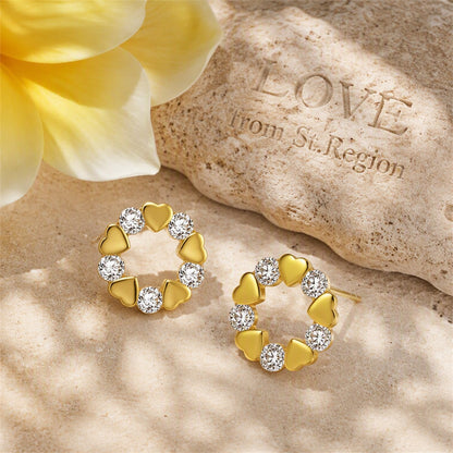Cubic Zirconia and 18K Gold-Plated Heart Circle Stud Earrings, gold stud earrings for women, everyday style, lifestyle look