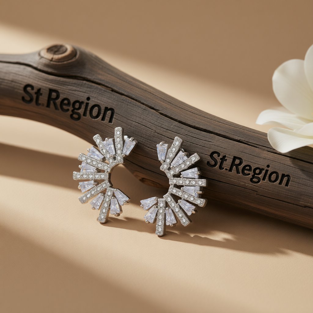 Crystal and Cubic Zirconia Fan Stud Earrings, stud earrings for women, vintage-inspired design, front view