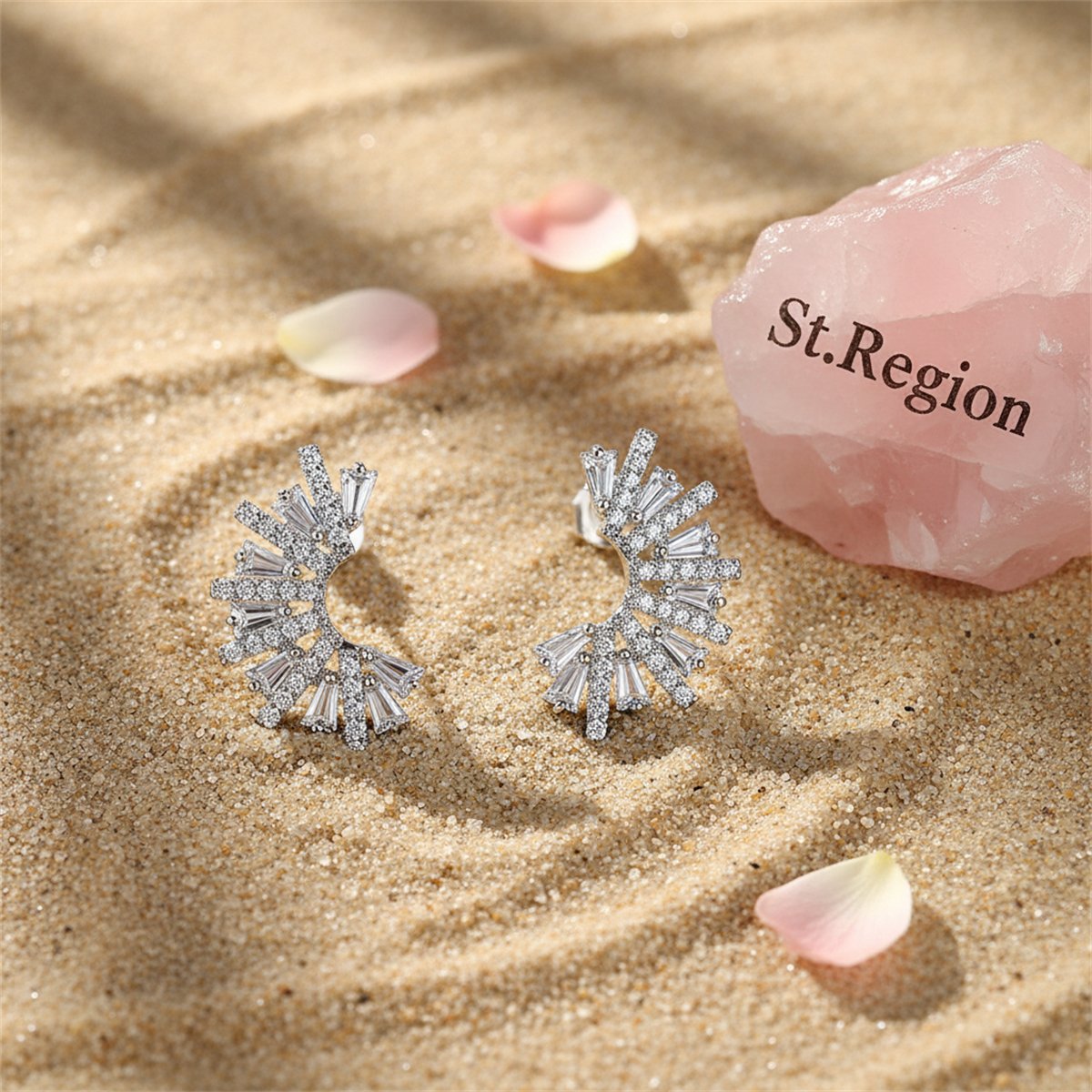 Crystal and Cubic Zirconia Fan Stud Earrings, stud earrings for women, vintage-inspired design, detail close-up