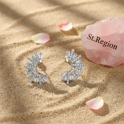 Crystal and Cubic Zirconia Fan Stud Earrings, stud earrings for women, vintage-inspired design, detail close-up