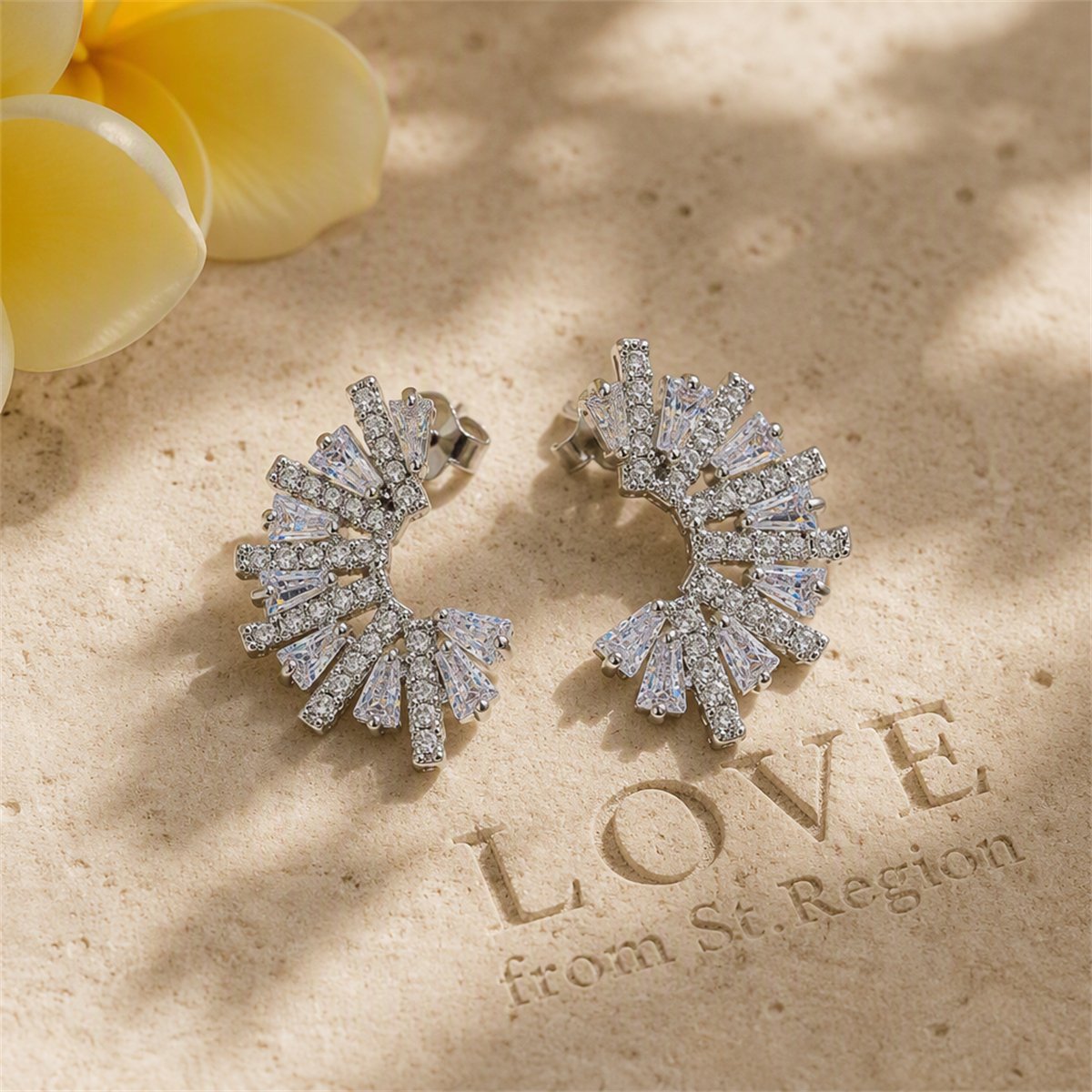 Crystal and Cubic Zirconia Fan Stud Earrings, stud earrings for women, vintage-inspired design, lifestyle look