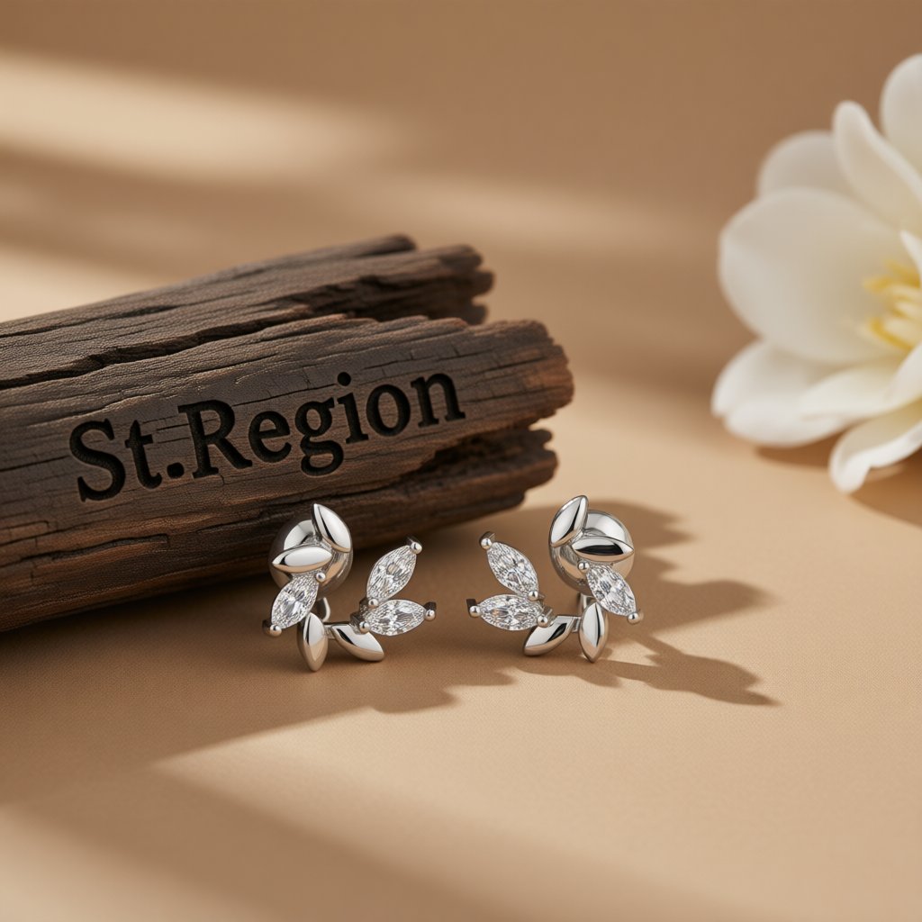 Crystal and Silver-Plated Botanical Stud Earrings, silver stud earrings for women, elegant gift for her, front view