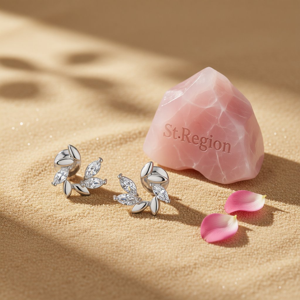 Crystal and Silver-Plated Botanical Stud Earrings, silver stud earrings for women, elegant gift for her, detail close-up