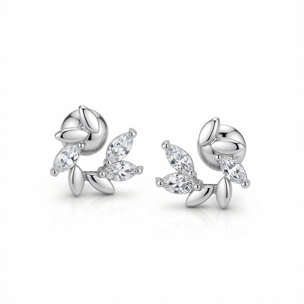 Crystal and Silver-Plated Botanical Stud Earrings, silver stud earrings for women, elegant gift for her, side view